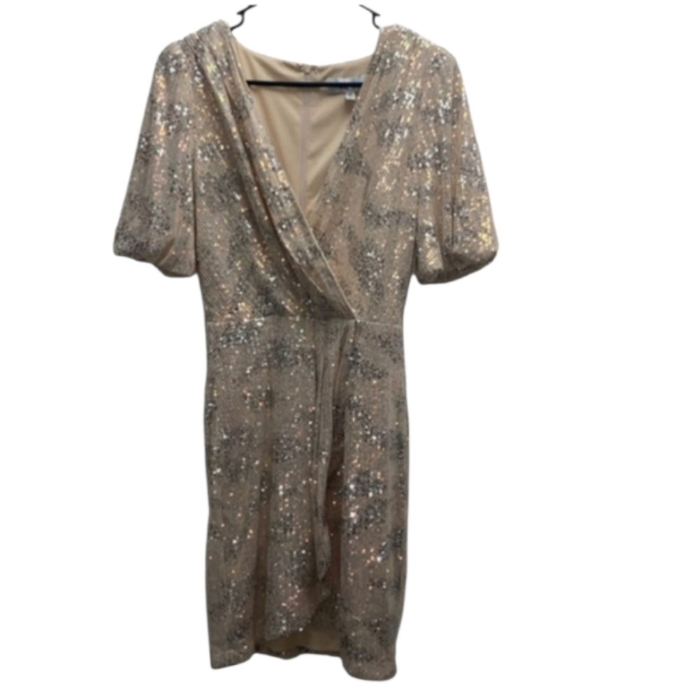 Adeline Rae Sequin Wrap V-Neck Champagne Cocktail Mini Dress Size XS